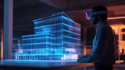 Male architect using augmented reality to visualize a 3D virtual building model in a modern workspace.