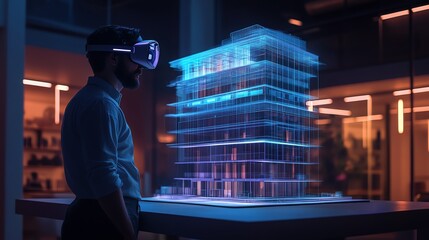 Man wearing VR headset viewing a futuristic holographic building model in a modern office at night.