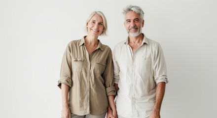 Middle-Aged Couple Smiling and Holding Hands in Casual Clothing
