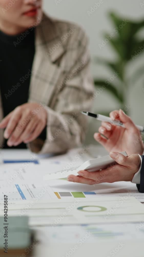 Poster vertical footage of close up of hands teamwork business group are meeting working calculate and brai