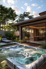 A large, white hot tub with a wooden deck surrounding it. The deck is covered in grass and has a patio area with a dining table and chairs. The hot tub is surrounded by a fence