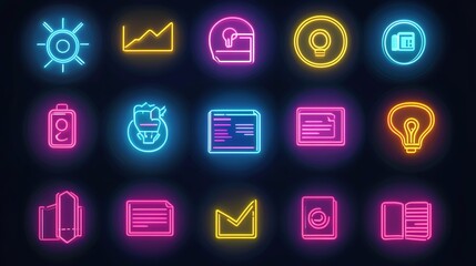 Set of 16 neon-colored business and tech icons on a dark background, perfect for modern and vibrant designs, presentations, and interfaces.