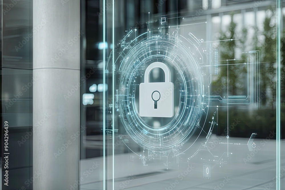 Poster view of modern gate with white futuristic data protection interface with transparent padlock and fin