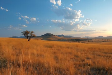 Fototapeta premium Lone Tree in African Savanna at Sunset.