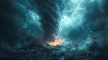 Fototapeta premium Powerful hurricane is making landfall on a desolate landscape, bringing with it strong winds, heavy rain, and the threat of destruction