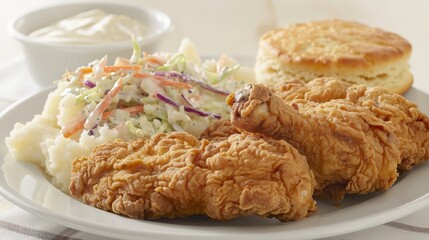 Fried Chicken, Mashed Potatoes, Coleslaw and Biscuit