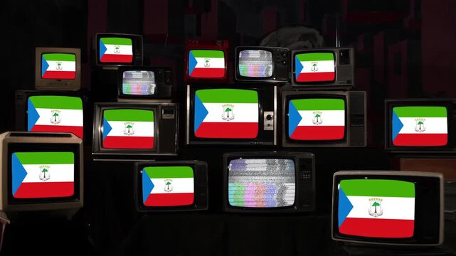 Flag of Equatorial Guinea on Retro TV Screens. 4K Resolution.