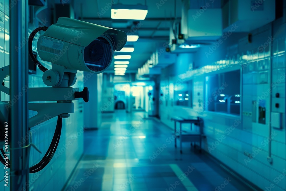 Poster high-tech research lab with surveillance cameras ensuring facility security and experiment monitorin
