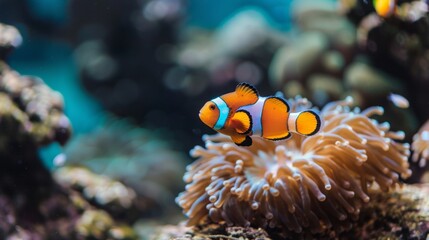 Sea or ocean underwater landscape with orange anemonefish clownfish, rocks on the bottom and colorful corals. Aquatic marine