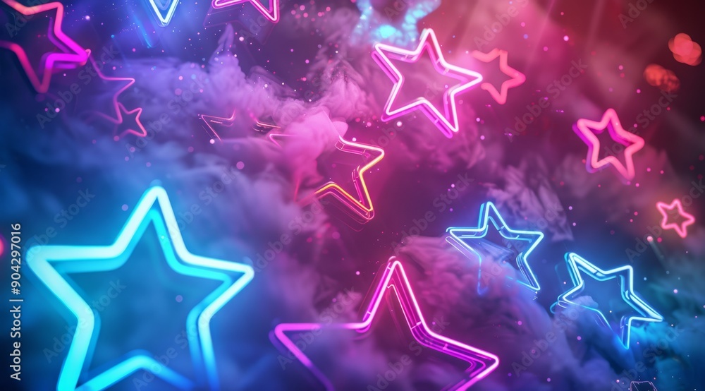 Poster an array of colorful neon stars illuminating a bright and vibrant artistic background