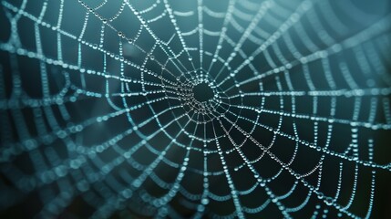 Fototapeta premium A close-up of a spider web covered in dew drops. The web is intricate and delicate, with a beautiful pattern of threads. The background is a soft blur of green and blue.