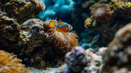 Sea or ocean underwater landscape with orange anemonefish clownfish, rocks on the bottom and colorful corals. Aquatic marine