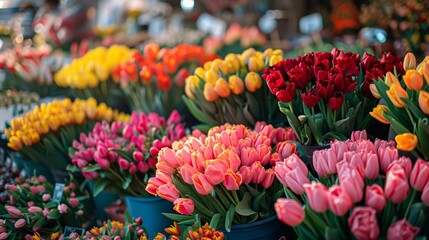 A colorful display of tulips at a flower market.