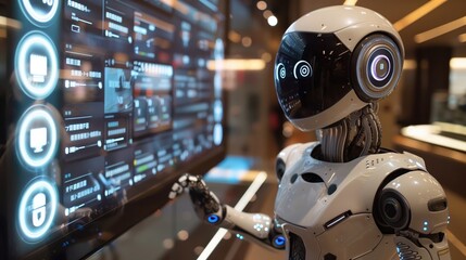 Fototapeta premium Photorealistic Robot Interacting with High-Tech Touchscreen Interface in a Modern Setting