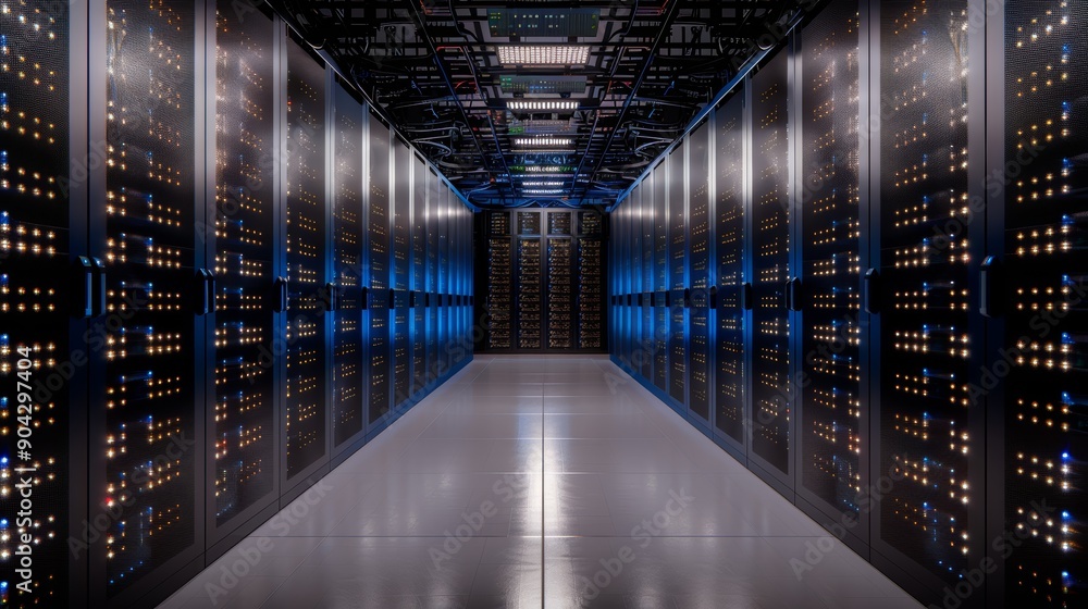 Aufkleber a long hallway lined with rows of servers in a data center