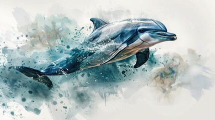 Fototapeta premium A playful dolphin in detailed watercolor, showcasing its texture and features. The white background enhances its elegance.