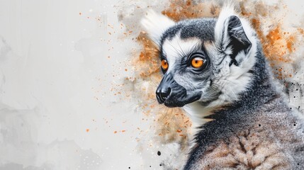 A curious lemur in detailed watercolor, showcasing its facial features and fur. The white background enhances its elegance.