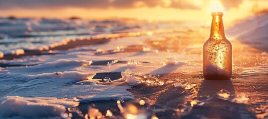 Chilled Beer Bottle in Ice on Sandy Beach at Sunset - Perfect for Summer and Vacation Designs