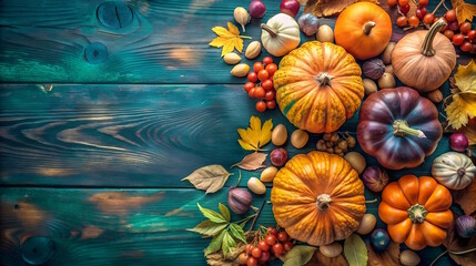 Fototapeta premium autumn harvest on blue background , top view, copy spase for text.