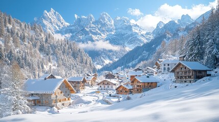 Fototapeta premium A picturesque winter landscape featuring snowy mountains and charming chalets under a clear blue sky.