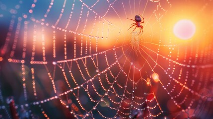 Naklejka premium A spider sits on its web, glistening with morning dew, as the sun rises in the background.