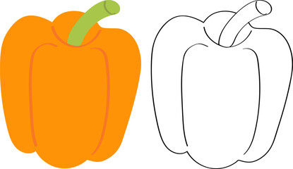 Sweet orange pepper, flat vector drawing. Children's coloring of vegetables, black outline sketch.