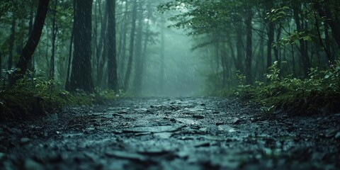 Obraz premium A serene forest pathway shrouded in mist, creating a mysterious and tranquil atmosphere, perfect for nature enthusiasts.