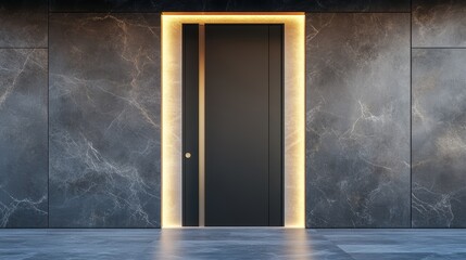 Elegant glass entrance door with ambient side lighting, contrasting with dark minimalist wall sections, featuring a contemporary aesthetic, high-resolution photo, realistic photo