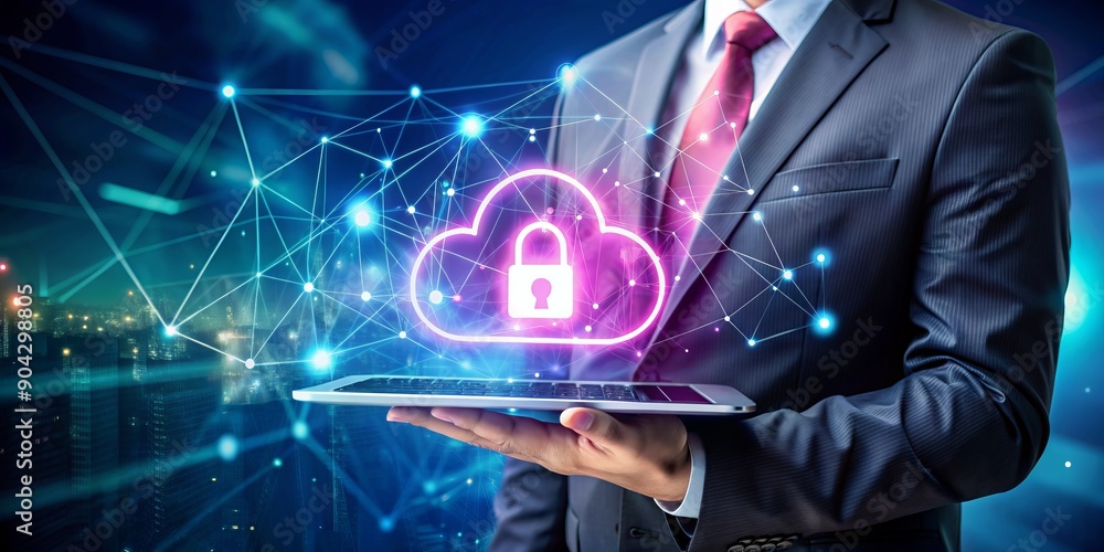 Wall mural Business hand holds laptop with graphical user interface displaying secure cloud storage network, magenta accents, and lock, document, HUD icons, amidst blue clouds and graphs.