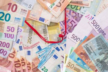 Lot of paper euro cash as finance background, top view