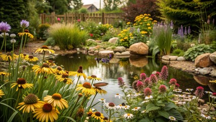 Fototapeta premium A serene pond with colorful flowers blooming in a lush garden.
