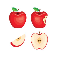 Whole and half red apple fruit icon set vector. Red fresh apples fruit icon set vector isolated on a white background. Bitten red apple drawing