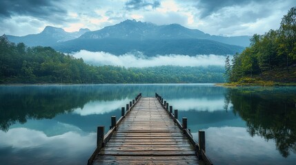 Obraz premium A serene lake scene with a wooden pier leading to misty mountains, surrounded by lush greenery under a dramatic cloudy sky.