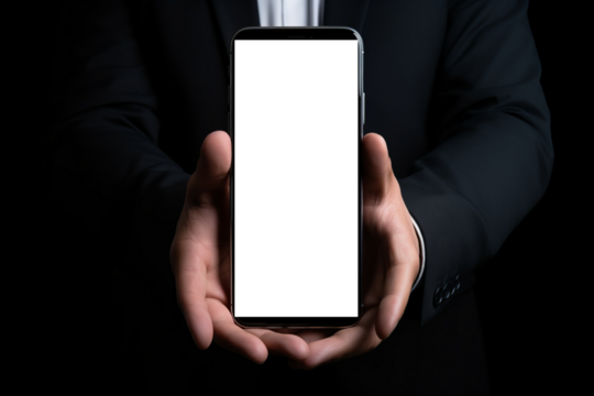 smartphone screen held by a businessman's hand
