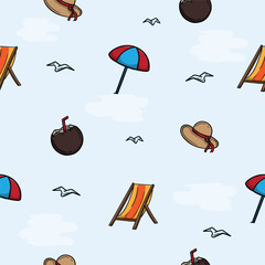 Bright seamless pattern for wrapping paper with beach attributes, umbrella, coconut, chair and hat. Simple background with repeating elements. Illustration related to vacation, travel, sea and tours