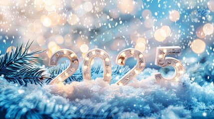 2025 on new year backdrop with snow, ice, and sparkling bokeh lights of festive garlands