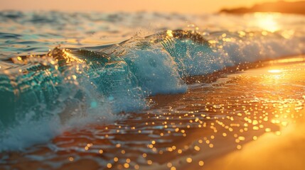 Naklejka premium Glowing Ocean Waves at Sunset Reflecting Golden Light, Perfect for Summer Vacation Designs. Generative ai