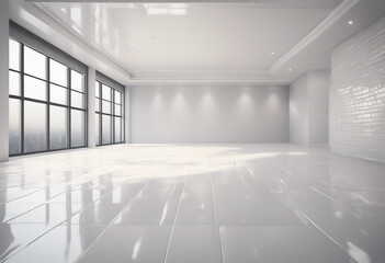 Fototapeta premium 3d rendering of white empty space in room ceramic tile floor in perspective window and ceiling strip