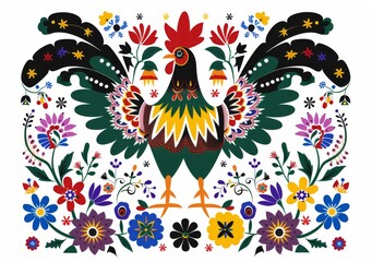 Naklejka premium The traditional Polish folk pattern of floral embroidery with cocks