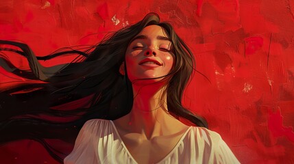 Illustrate a stylish woman with long flowing hair, set against a bold red wall, smiling elegantly with poise and grace
