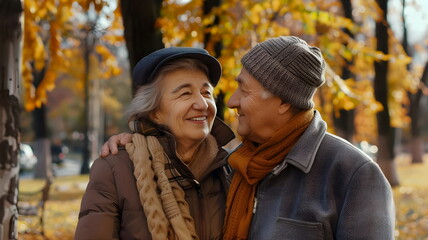 Fototapeta premium Elderly Couple Enjoying Autumn Together Smiling Warmly Outdoor Park