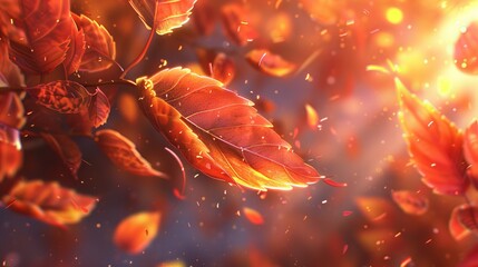 Autumn leaves falling in sunlight  vibrant colors against blurred park background