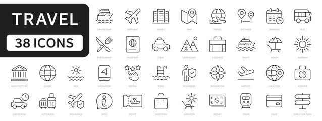 Travel line icons set. travel symbols. summer, vacation, hotel, cruise, holiday editable stroke icon. Vector