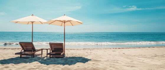 Obraz premium Two parasol umbrellas casting the shadow over the two wooden lounge chairs or easy chairs on an empty sunny sand beach near