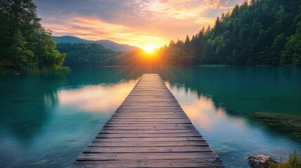 Fototapeta premium A serene wooden pier extending into a tranquil lake, illuminated by a stunning sunset and surrounded by lush greenery.