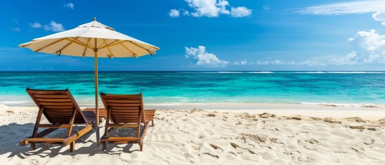 Obraz premium Two parasol umbrellas casting the shadow over the two wooden lounge chairs or easy chairs on an empty sunny sand beach near