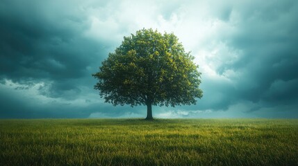 A solitary tree stands majestically under a dramatic sky, symbolizing nature's beauty and resilience amidst changing weather.