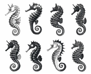 A collection of seahorses on a white background