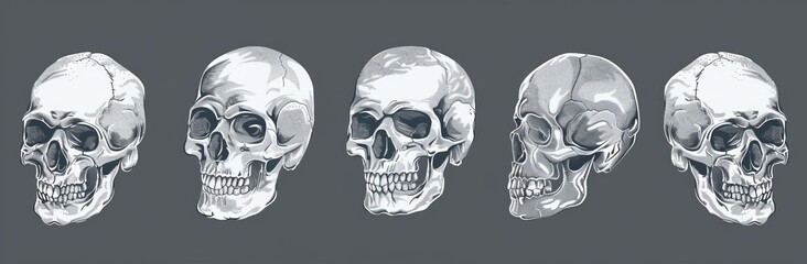 Fototapeta premium Human skulls isolated from the background in a hand drawn line art style.