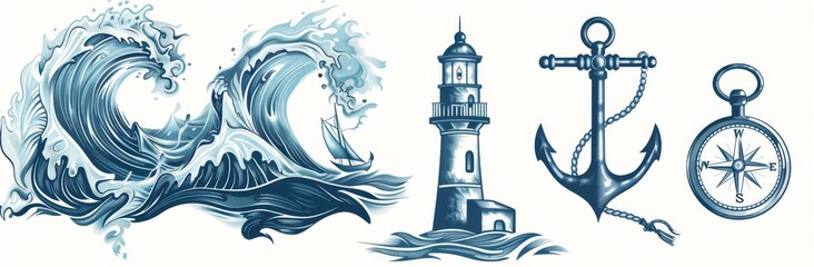 The sea collection is a vintage set of vintage elements with modern elements showing symbols of adventure voyage, tourism, and outdoors. The anchors, steering wheels, compass, lighthouses, and waves